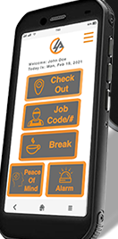 Rugged worker handset running the Sentinel app with one-tap Check Out, Job Code, Break, Peace of Mind, and Alarm controls.